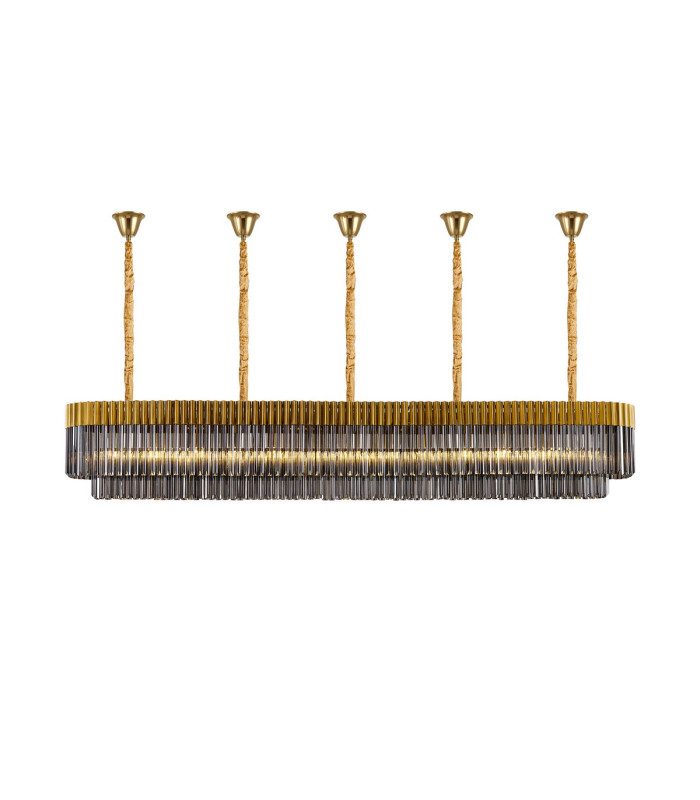 Poland 250 x 40cm Linear Pendant Bell Cup 13 Light E14 Brass/Smoked Sculpted Glass Item Weight: 61kg-1