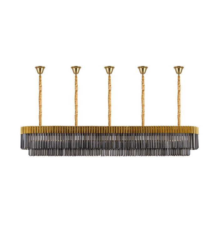 Poland 250 x 40cm Linear Pendant Bell Cup 13 Light E14 Brass/Smoked Sculpted Glass Item Weight: 61kg-4