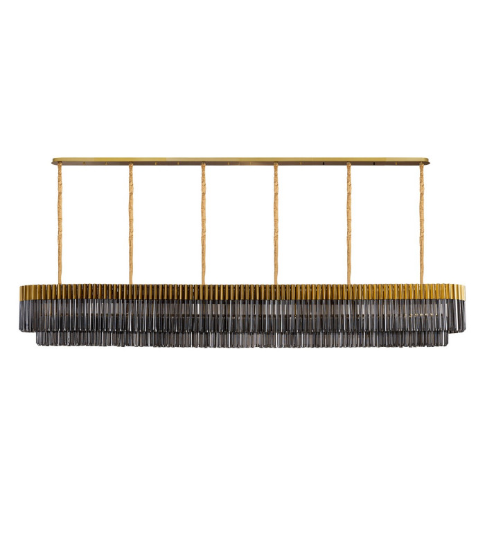 Poland 300 x 40cm Linear Pendant 16 Light E14 Brass/Smoked Sculpted Glass Item Weight: 80kg-4