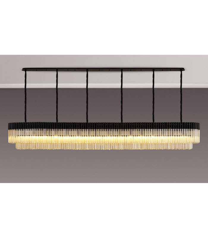 Poland 300 x 40cm Linear Pendant 16 Light E14 Matt Black/Cognac Sculpted Glass Item Weight: 80kg-3