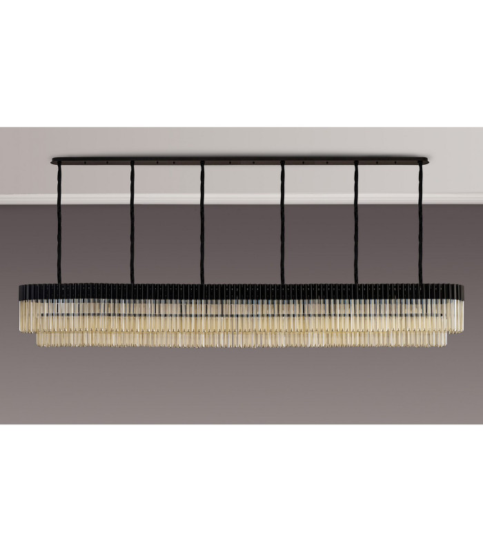Poland 300 x 40cm Linear Pendant 16 Light E14 Matt Black/Cognac Sculpted Glass Item Weight: 80kg-9