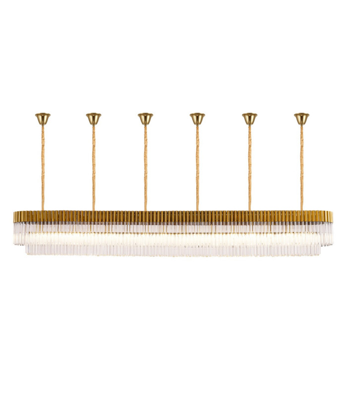 Poland 300 x 40cm Linear Pendant Bell Cup 16 Light E14 Brass/Clear Sculpted Glass Item Weight: 73kg-1