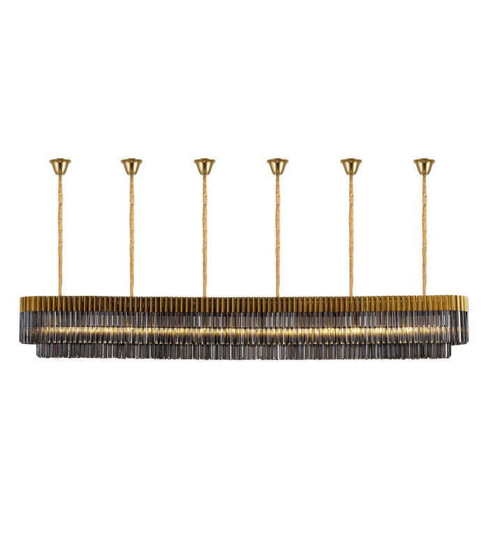 Poland 300 x 40cm Linear Pendant Bell Cup 16 Light E14 Brass/Smoked Sculpted Glass Item Weight: 73kg-1