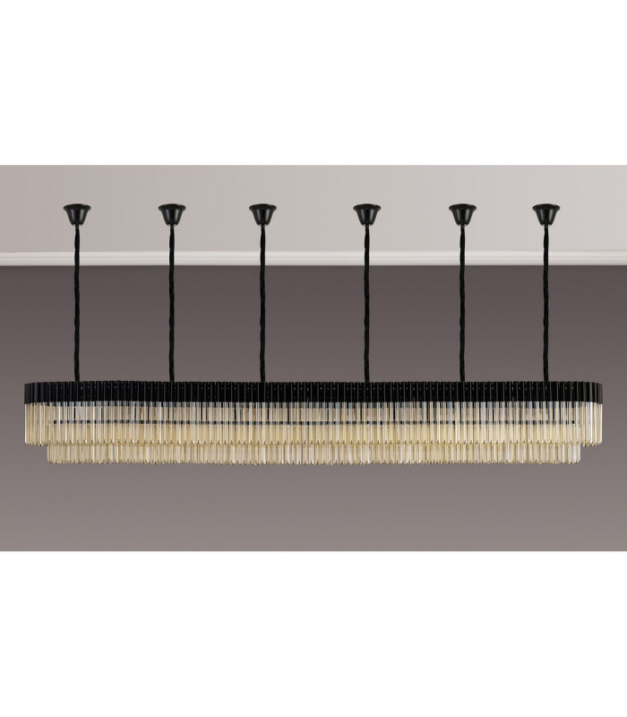 Poland 300 x 40cm Linear Pendant Bell Cup 16 Light E14 Matt Black/Cognac Sculpted Glass Item Weight: 73kg-9