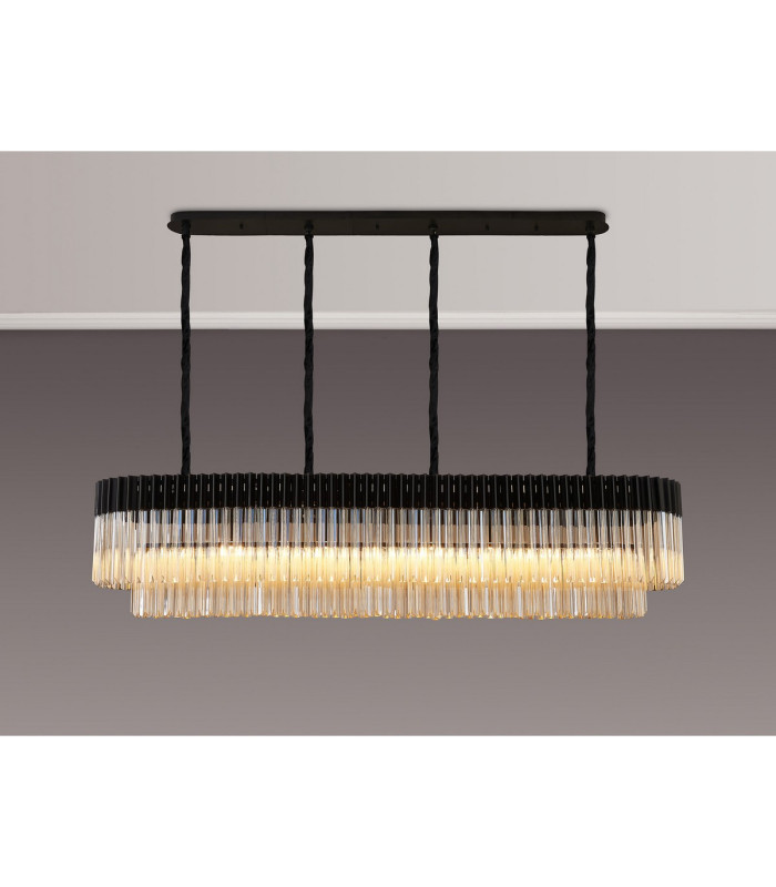 Poland 180 x 40cm Linear Pendant 9 Light E14 Matt Black/Cognac Sculpted Glass Item Weight: 47kg-3