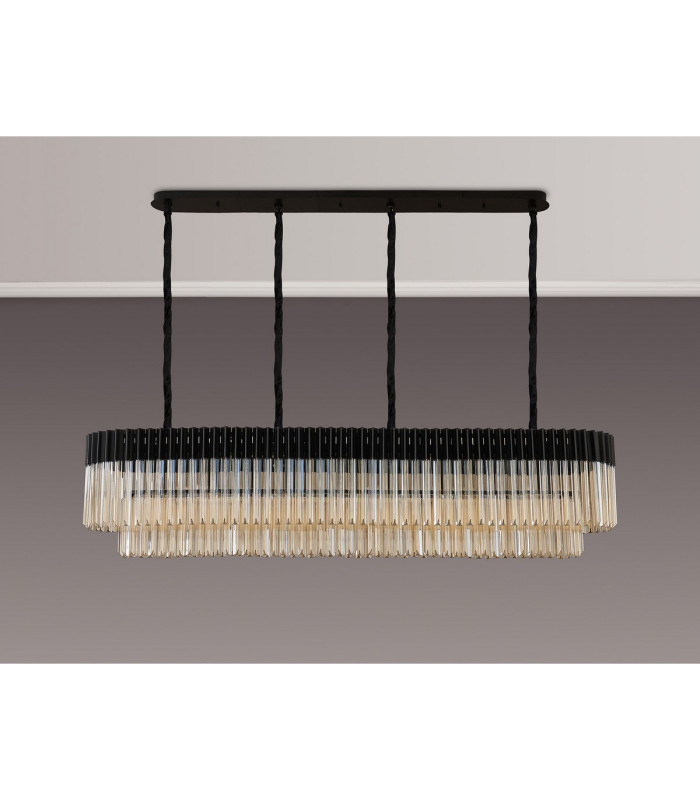 Poland 180 x 40cm Linear Pendant 9 Light E14 Matt Black/Cognac Sculpted Glass Item Weight: 47kg-9