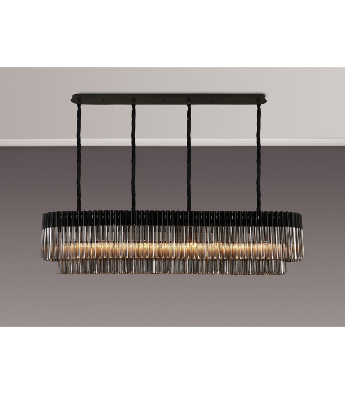Poland 180 x 40cm Linear Pendant 9 Light E14 Matt Black/Smoked Sculpted Glass Item Weight: 47kg-3