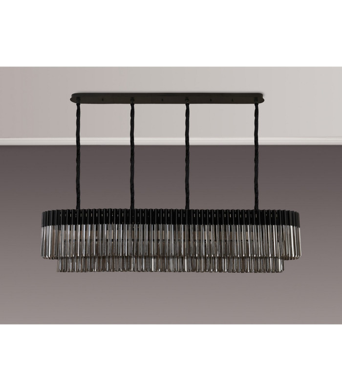Poland 180 x 40cm Linear Pendant 9 Light E14 Matt Black/Smoked Sculpted Glass Item Weight: 47kg-9