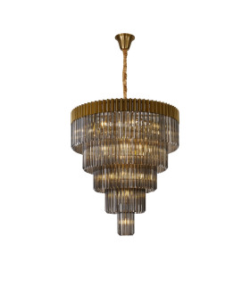Poland 96cm Pendant Round 5 Tier 23 Light E14 Brass/Smoked Sculpted Glass Item Weight: 48kg-1