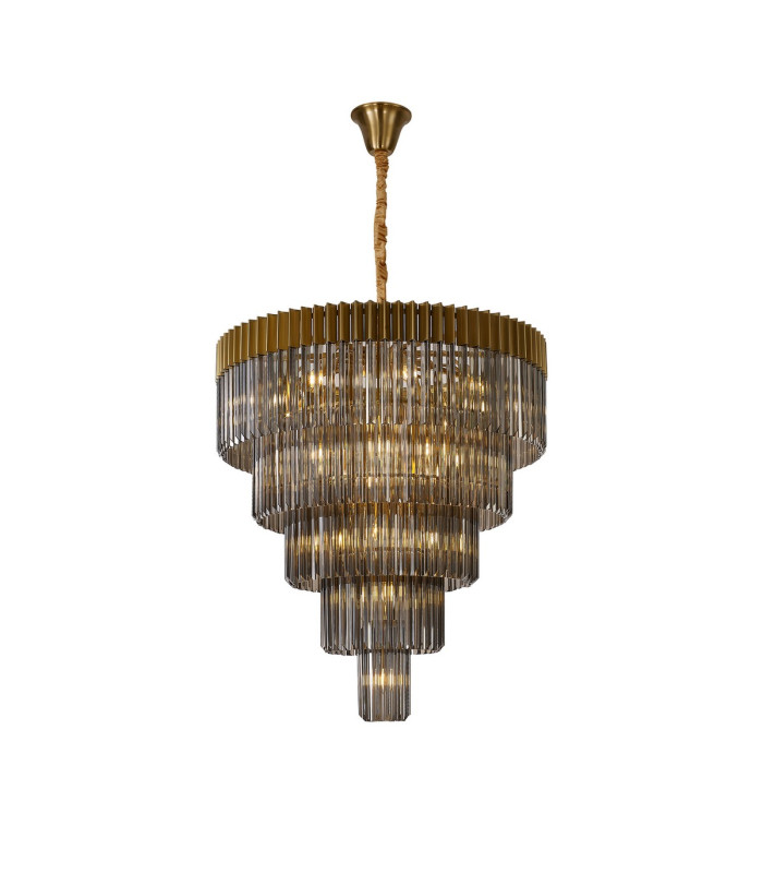 Poland 96cm Pendant Round 5 Tier 23 Light E14 Brass/Smoked Sculpted Glass Item Weight: 48kg-1
