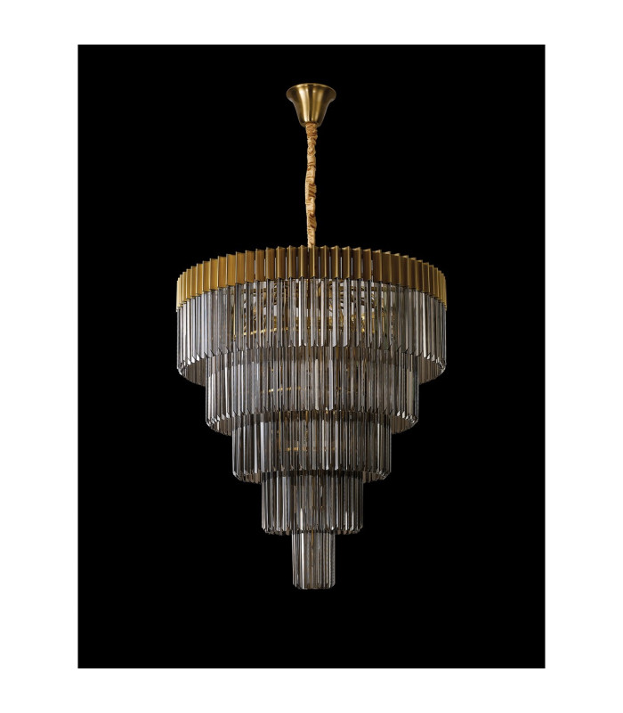 Poland 96cm Pendant Round 5 Tier 23 Light E14 Brass/Smoked Sculpted Glass Item Weight: 48kg-8