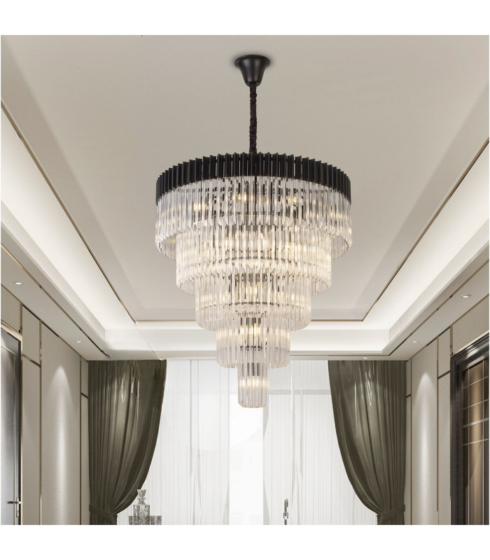 Poland 96cm Pendant Round 5 Tier 23 Light E14 Matt Black/Clear Sculpted Glass Item Weight: 48kg-4