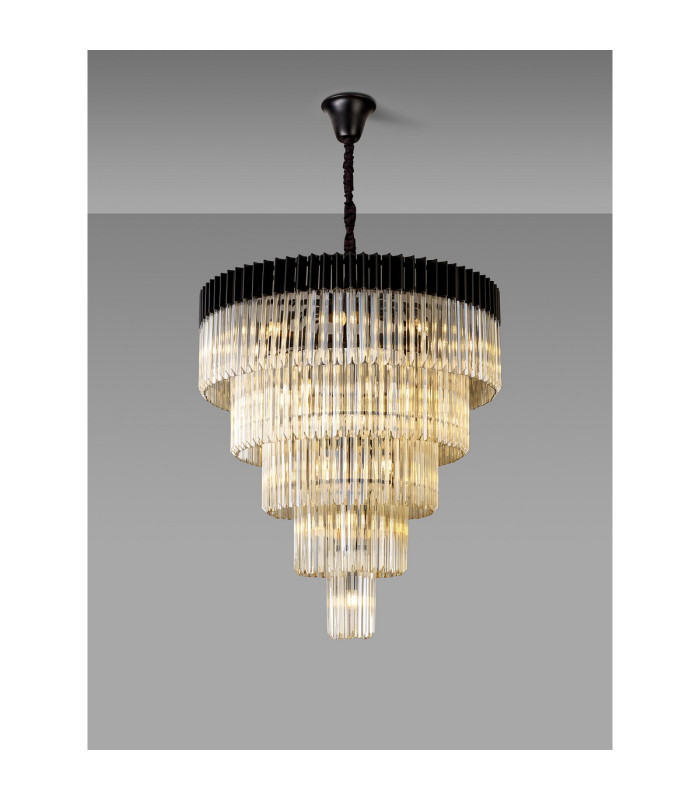 Poland 96cm Pendant Round 5 Tier 23 Light E14 Matt Black/Cognac Sculpted Glass Item Weight: 48kg-3