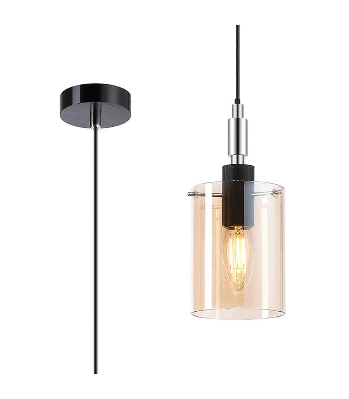 Eden 10cm 1.5m Single Pendant 10x13.5cm Cylinder Glass 1 Light E14 IP44 Black/Polished Chrome/Amber-1