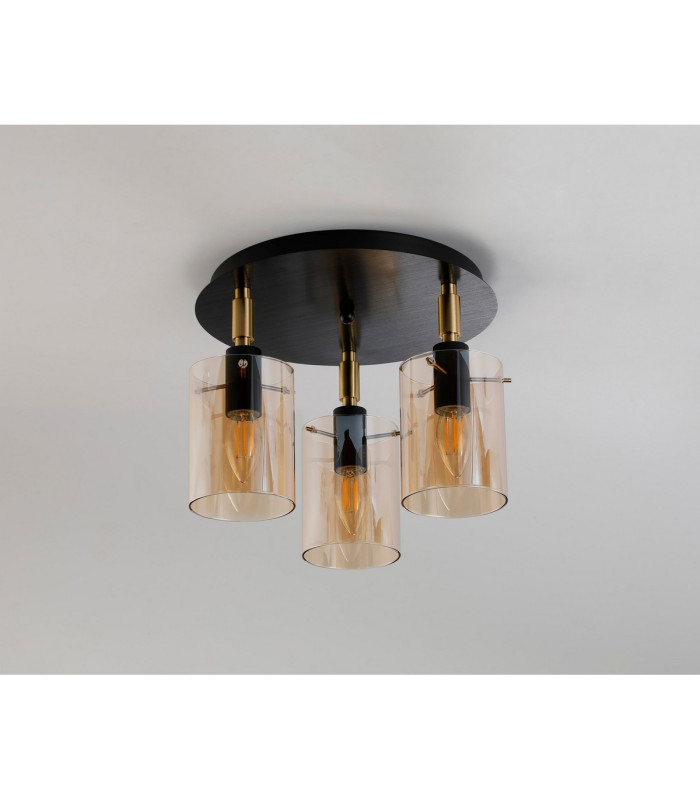 Eden 30cm Round Semi Ceiling 10x13.5cm Cylinder Glass 3 Light E14 IP44 Black/Brass Gold/Amber-7