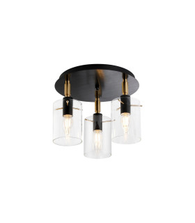 Eden 30cm Round Semi Ceiling 10x13.5cm Cylinder Glass 3 Light E14 IP44 Black/Brass Gold/Clear-1
