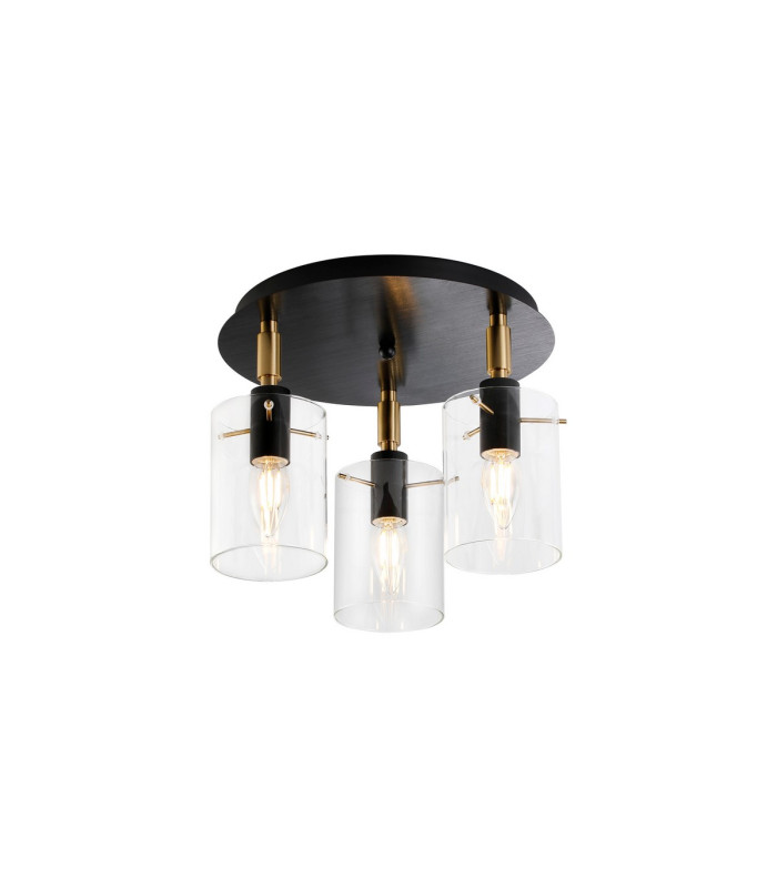 Eden 30cm Round Semi Ceiling 10x13.5cm Cylinder Glass 3 Light E14 IP44 Black/Brass Gold/Clear-1