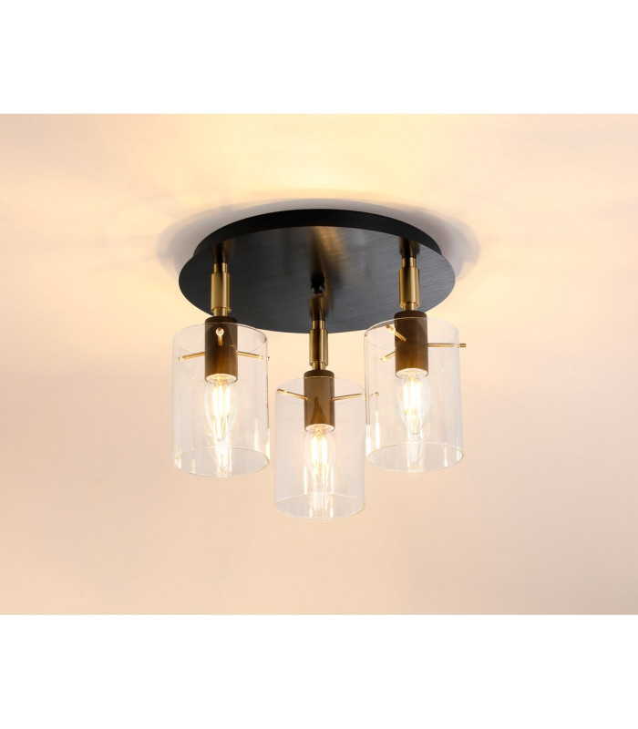 Eden 30cm Round Semi Ceiling 10x13.5cm Cylinder Glass 3 Light E14 IP44 Black/Brass Gold/Clear-3