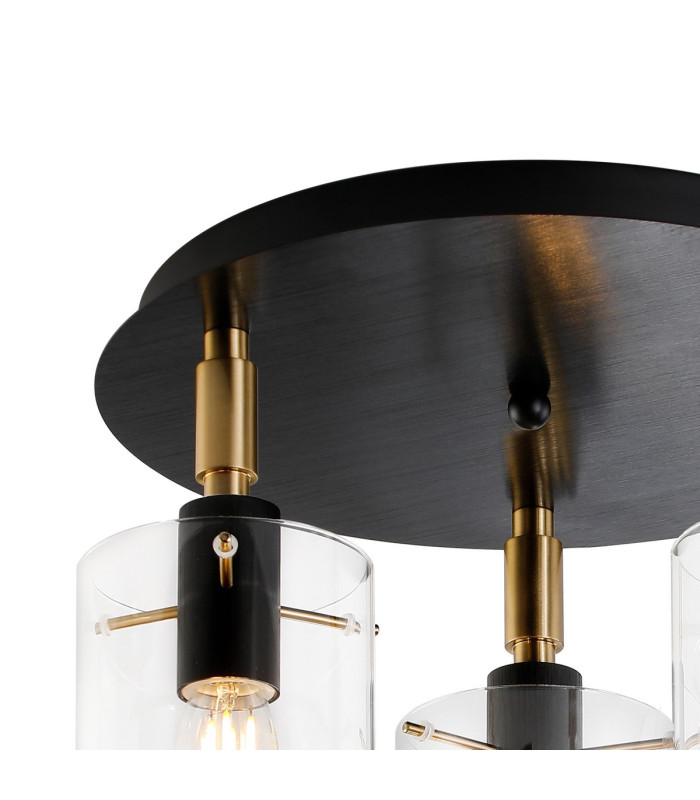Eden 30cm Round Semi Ceiling 10x13.5cm Cylinder Glass 3 Light E14 IP44 Black/Brass Gold/Clear-5