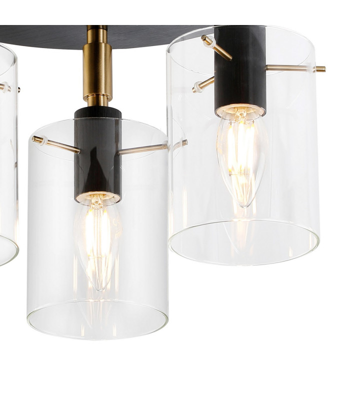 Eden 30cm Round Semi Ceiling 10x13.5cm Cylinder Glass 3 Light E14 IP44 Black/Brass Gold/Clear-6