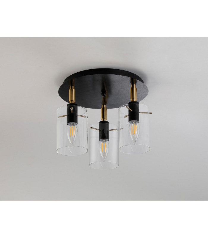 Eden 30cm Round Semi Ceiling 10x13.5cm Cylinder Glass 3 Light E14 IP44 Black/Brass Gold/Clear-7