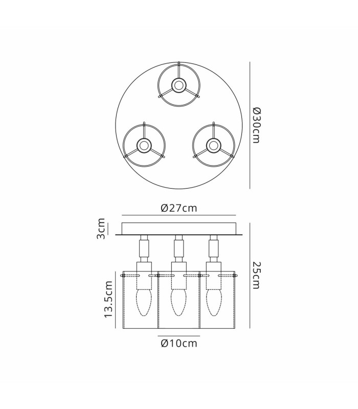 Eden 30cm Round Semi Ceiling 10x13.5cm Cylinder Glass 3 Light E14 IP44 Black/Polished Chrome/Amber-2