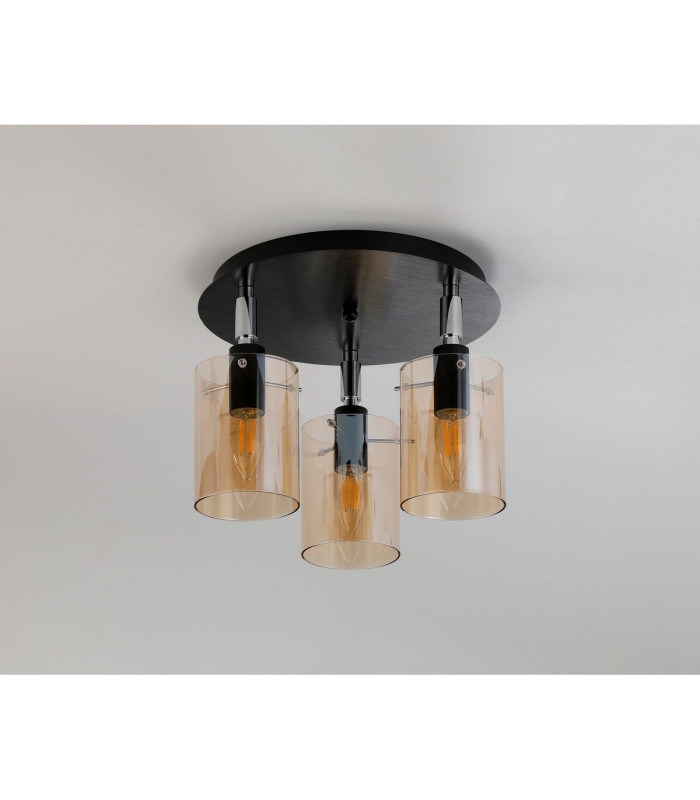 Eden 30cm Round Semi Ceiling 10x13.5cm Cylinder Glass 3 Light E14 IP44 Black/Polished Chrome/Amber-7