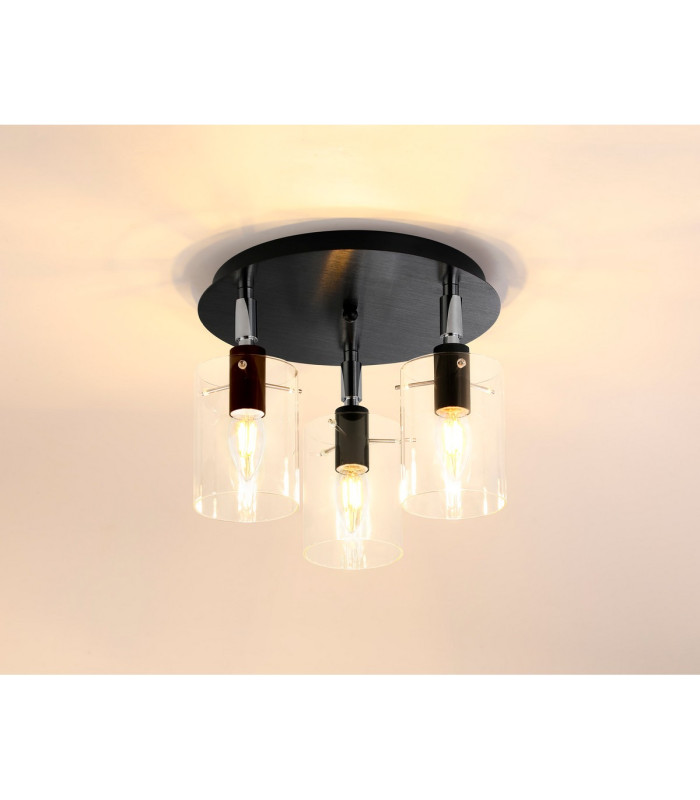 Eden 30cm Round Semi Ceiling 10x13.5cm Cylinder Glass 3 Light E14 IP44 Black/Polished Chrome/Clear-3
