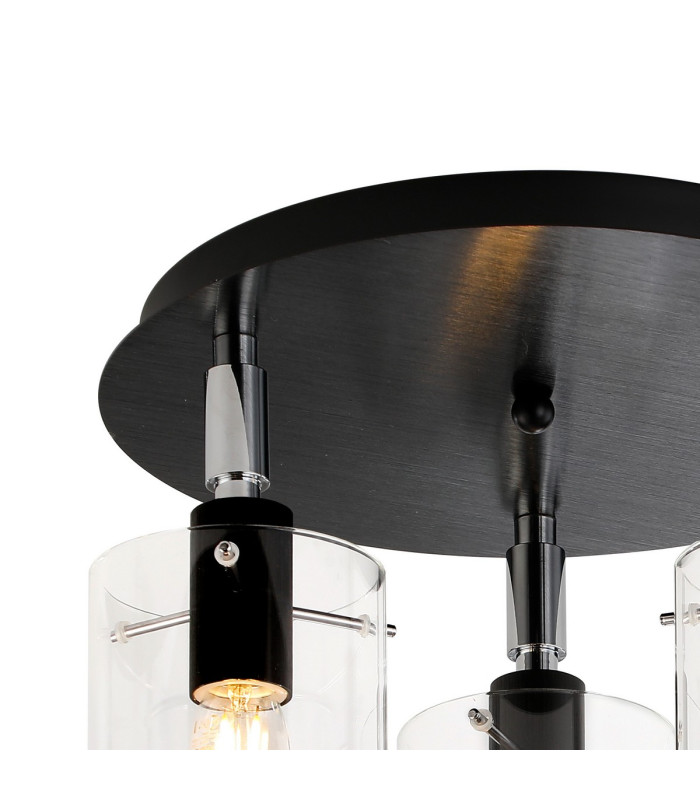 Eden 30cm Round Semi Ceiling 10x13.5cm Cylinder Glass 3 Light E14 IP44 Black/Polished Chrome/Clear-5