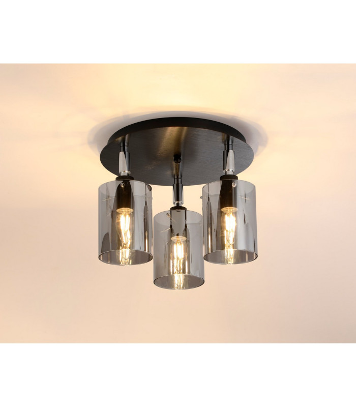 Eden 30cm Round Semi Ceiling 10x13.5cm Cylinder Glass 3 Light E14 IP44 Black/Polished Chrome/Smoke-3