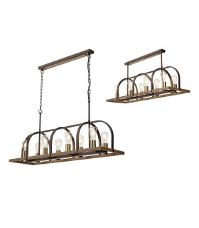 Goshen Pendant/Semi Flush Oblong 8 Light E27 Brown Oxide / Antique Bronze / Wood-1