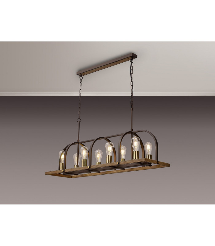 Goshen Pendant/Semi Flush Oblong 8 Light E27 Brown Oxide / Antique Bronze / Wood-3