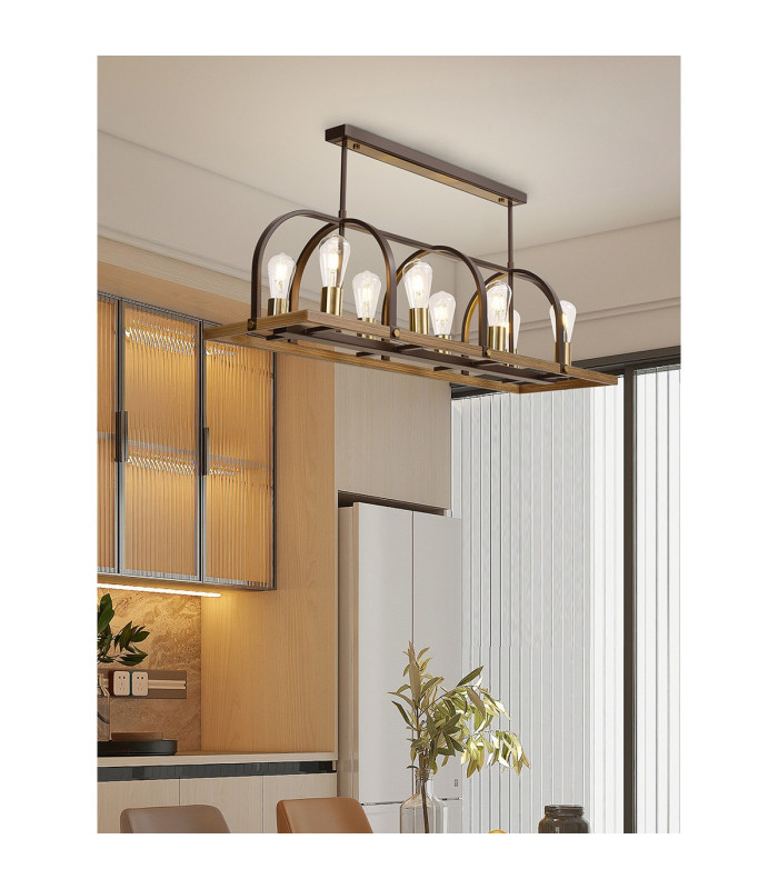 Goshen Pendant/Semi Flush Oblong 8 Light E27 Brown Oxide / Antique Bronze / Wood-4
