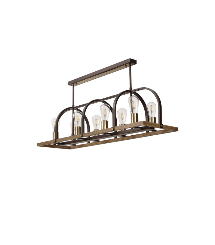 Goshen Pendant/Semi Flush Oblong 8 Light E27 Brown Oxide / Antique Bronze / Wood-11