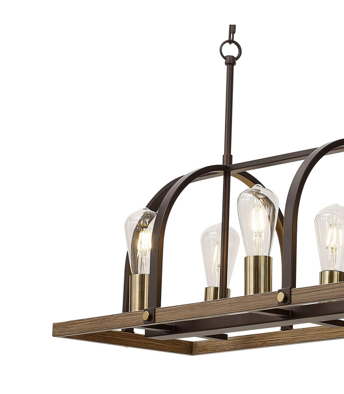 Goshen Pendant/Semi Flush Oblong 8 Light E27 Brown Oxide / Antique Bronze / Wood-14