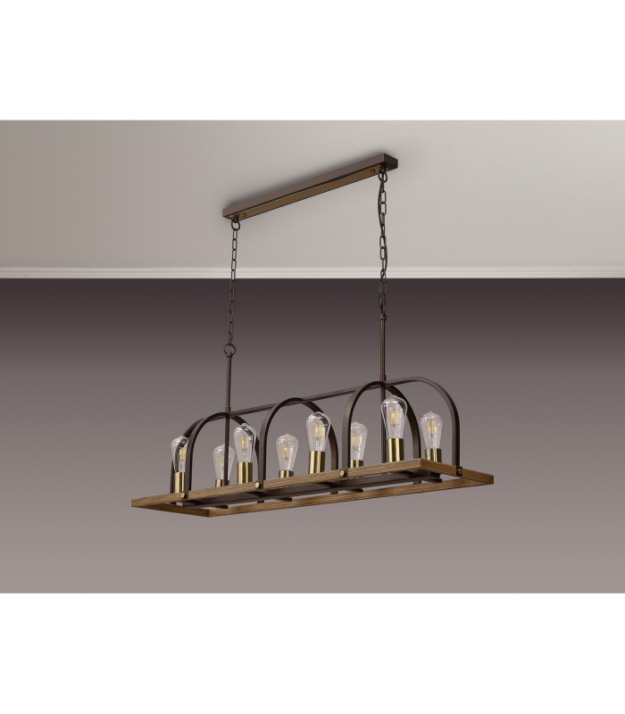 Goshen Pendant/Semi Flush Oblong 8 Light E27 Brown Oxide / Antique Bronze / Wood-15