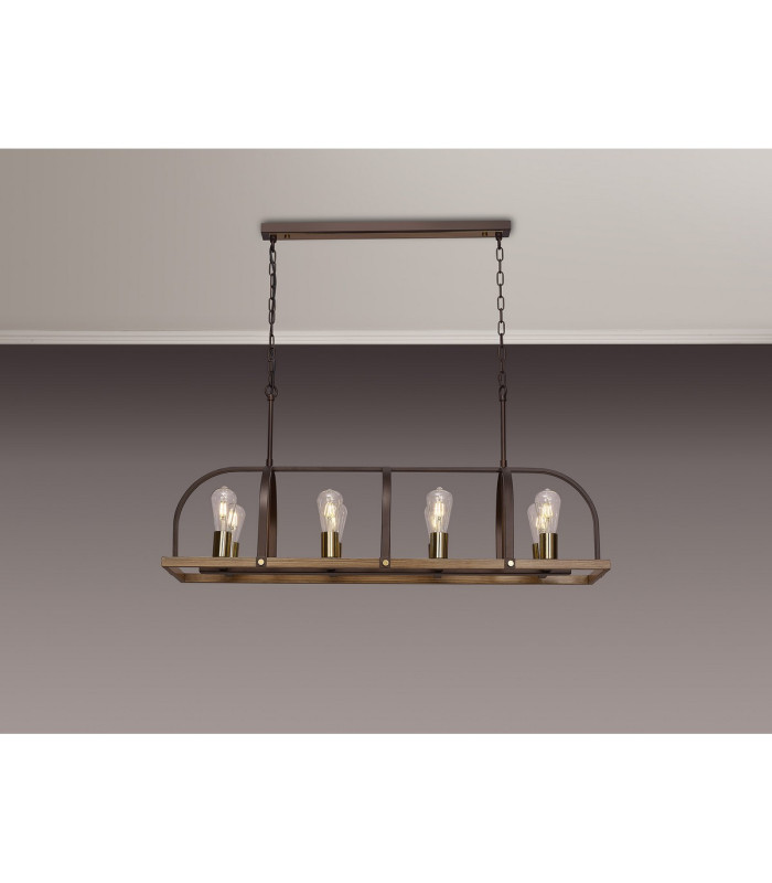 Goshen Pendant/Semi Flush Oblong 8 Light E27 Brown Oxide / Antique Bronze / Wood-16