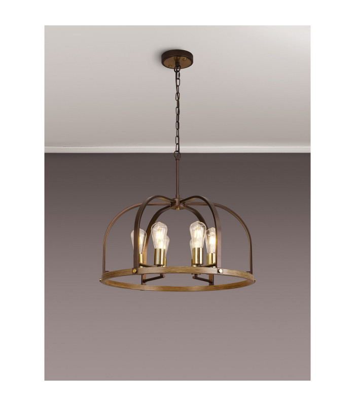 Goshen 62cm Pendant/Semi Flush Round 6 Light E27 Brown Oxide / Antique Bronze / Wood-3