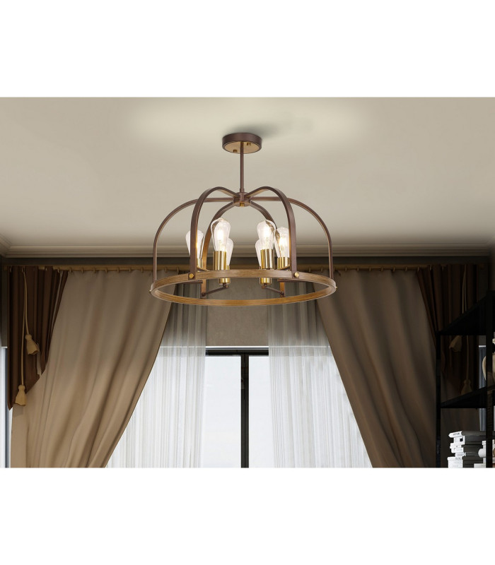 Goshen 62cm Pendant/Semi Flush Round 6 Light E27 Brown Oxide / Antique Bronze / Wood-5