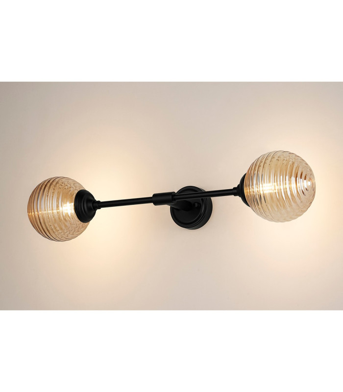Richmond Ceiling/Wall Light Linear 2 Light G9 IP44 Satin Black/Amber Ribbed Round Glass-3