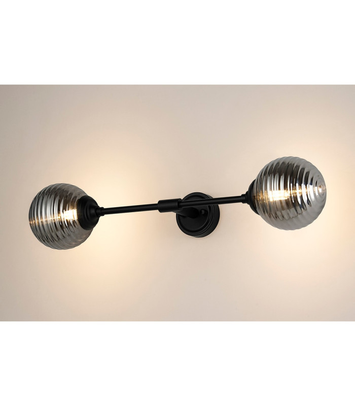 Richmond Ceiling/Wall Light Linear 2 Light G9 IP44 Satin Black/Smoke Ribbed Round Glass-3