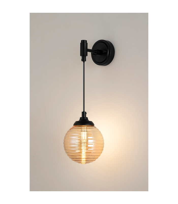 Richmond Adjustable Wall Light 1 Light G9 IP44 Satin Black/Amber Ribbed Round Glass-3