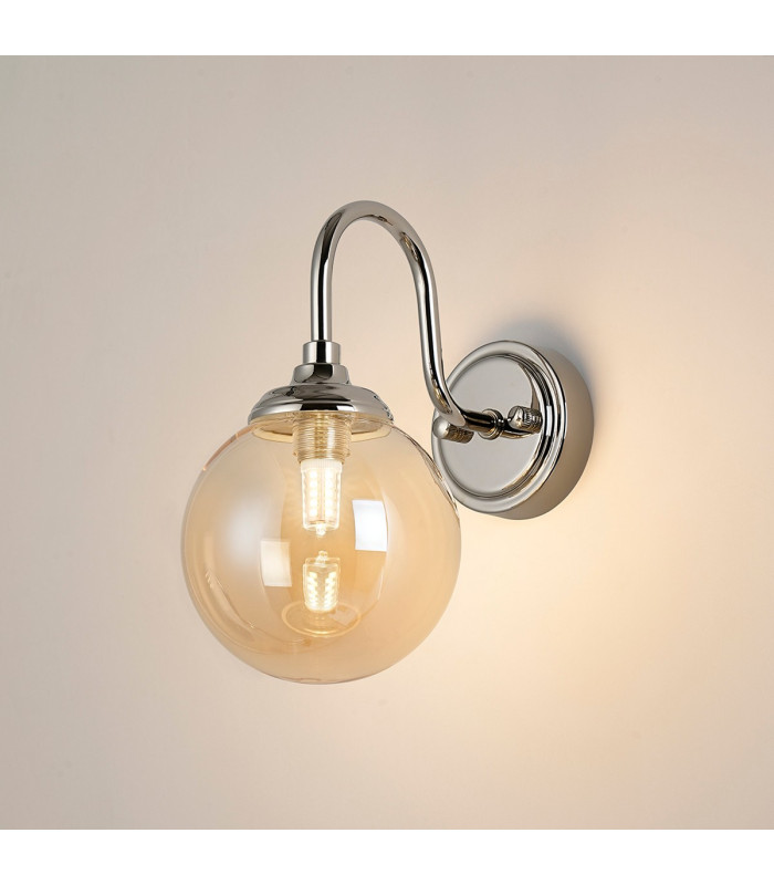 Richmond Curved Arm Wall Light 1 Light G9 IP44 Polished Nickel/Amber Smooth Round Glass-3