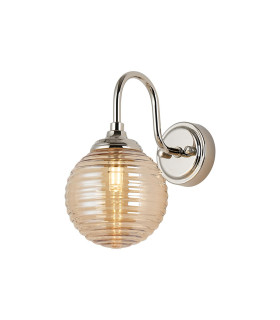 Richmond Curved Arm Wall Light 1 Light G9 IP44 Polished Nickel/Amber Ribbed Round Glass-1