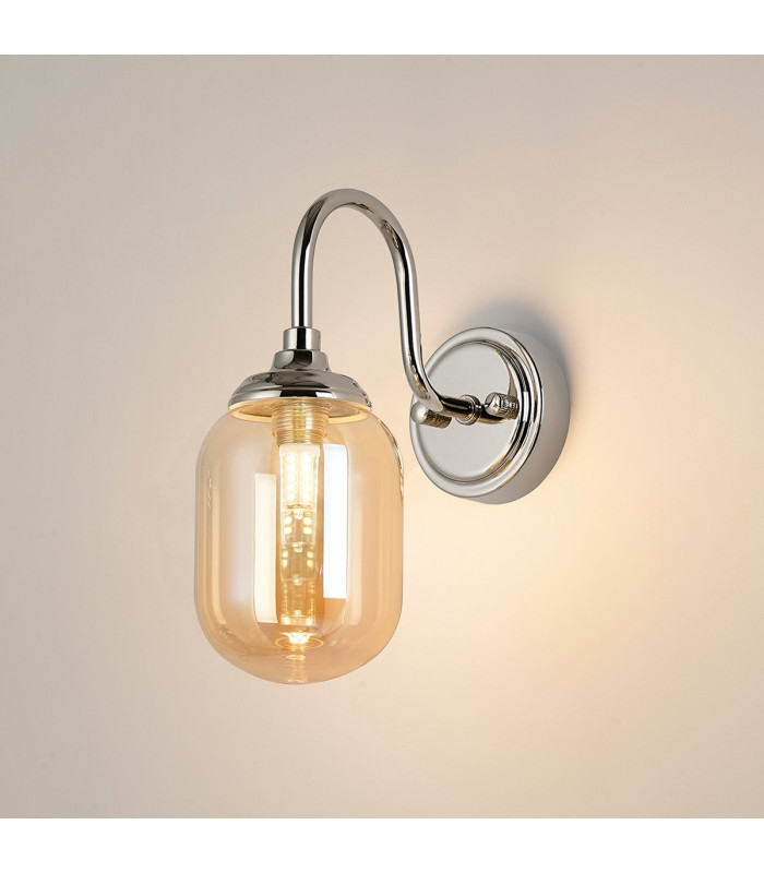 Richmond Curved Arm Wall Light 1 Light G9 IP44 Polished Nickel/Amber Smooth Tubular Glass-3