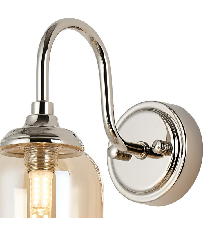 Richmond Curved Arm Wall Light 1 Light G9 IP44 Polished Nickel/Amber Smooth Tubular Glass-6
