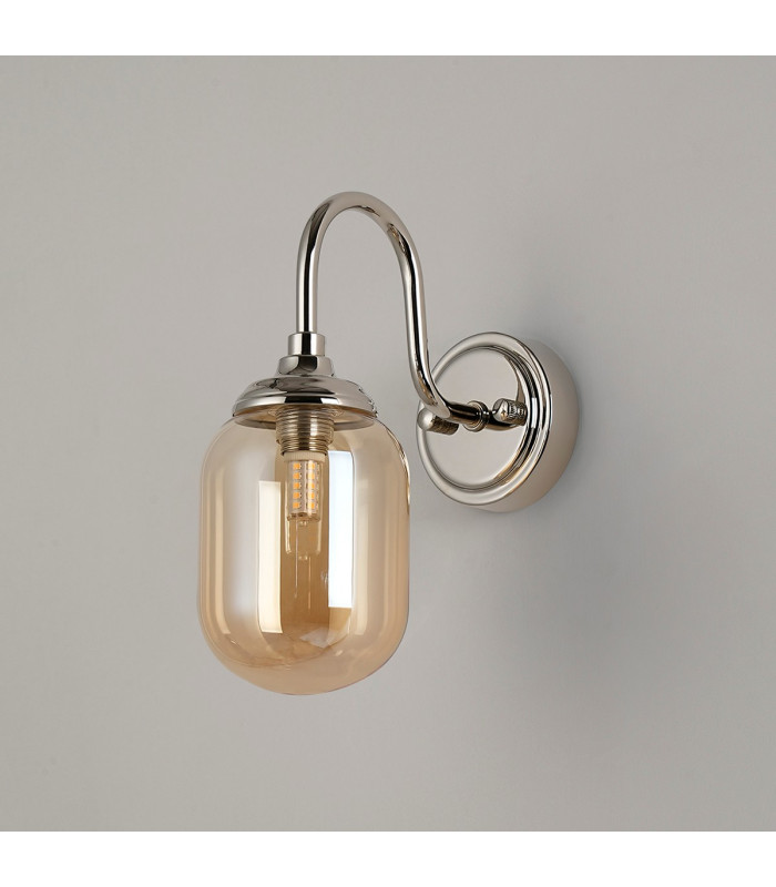 Richmond Curved Arm Wall Light 1 Light G9 IP44 Polished Nickel/Amber Smooth Tubular Glass-7