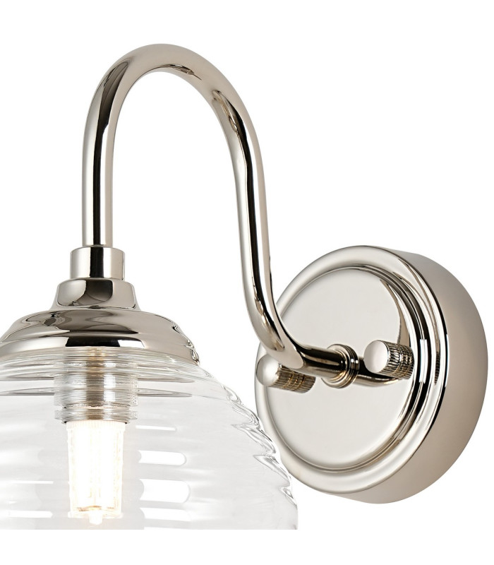Richmond Curved Arm Wall Light 1 Light G9 IP44 Polished Nickel/Clear Ribbed Round Glass-4