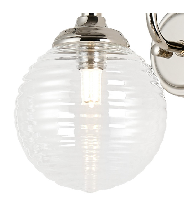 Richmond Curved Arm Wall Light 1 Light G9 IP44 Polished Nickel/Clear Ribbed Round Glass-5