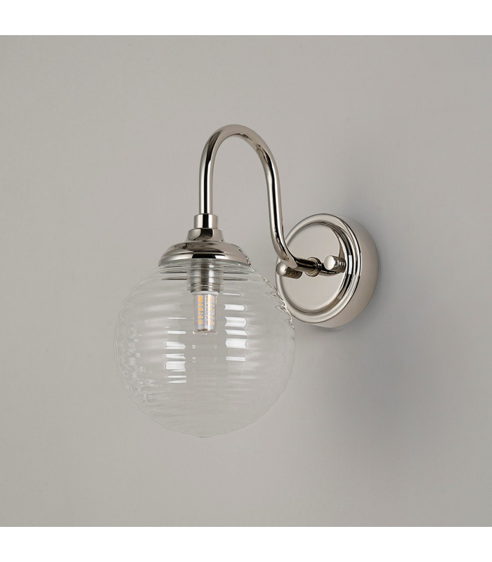 Richmond Curved Arm Wall Light 1 Light G9 IP44 Polished Nickel/Clear Ribbed Round Glass-6